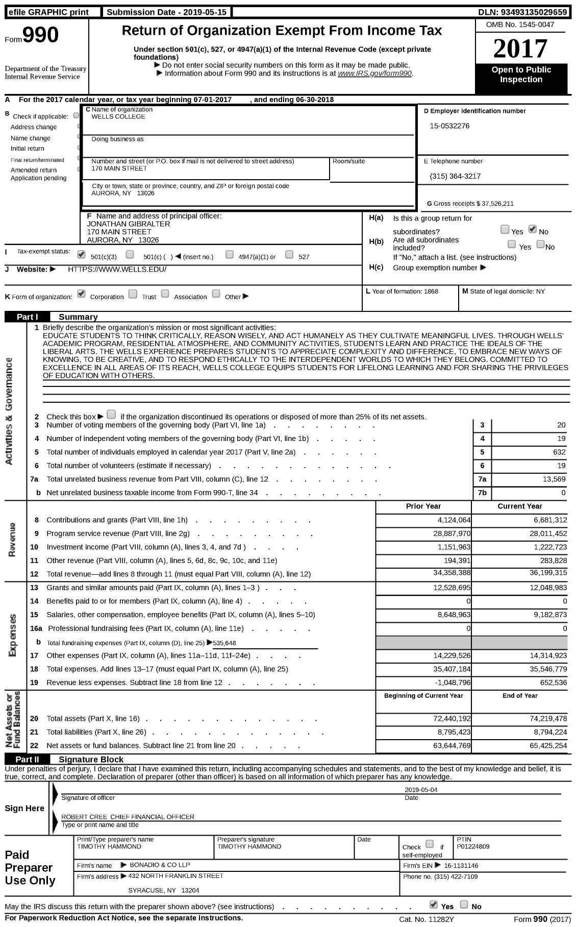 Image of first page of 2017 Form 990 for Wells College