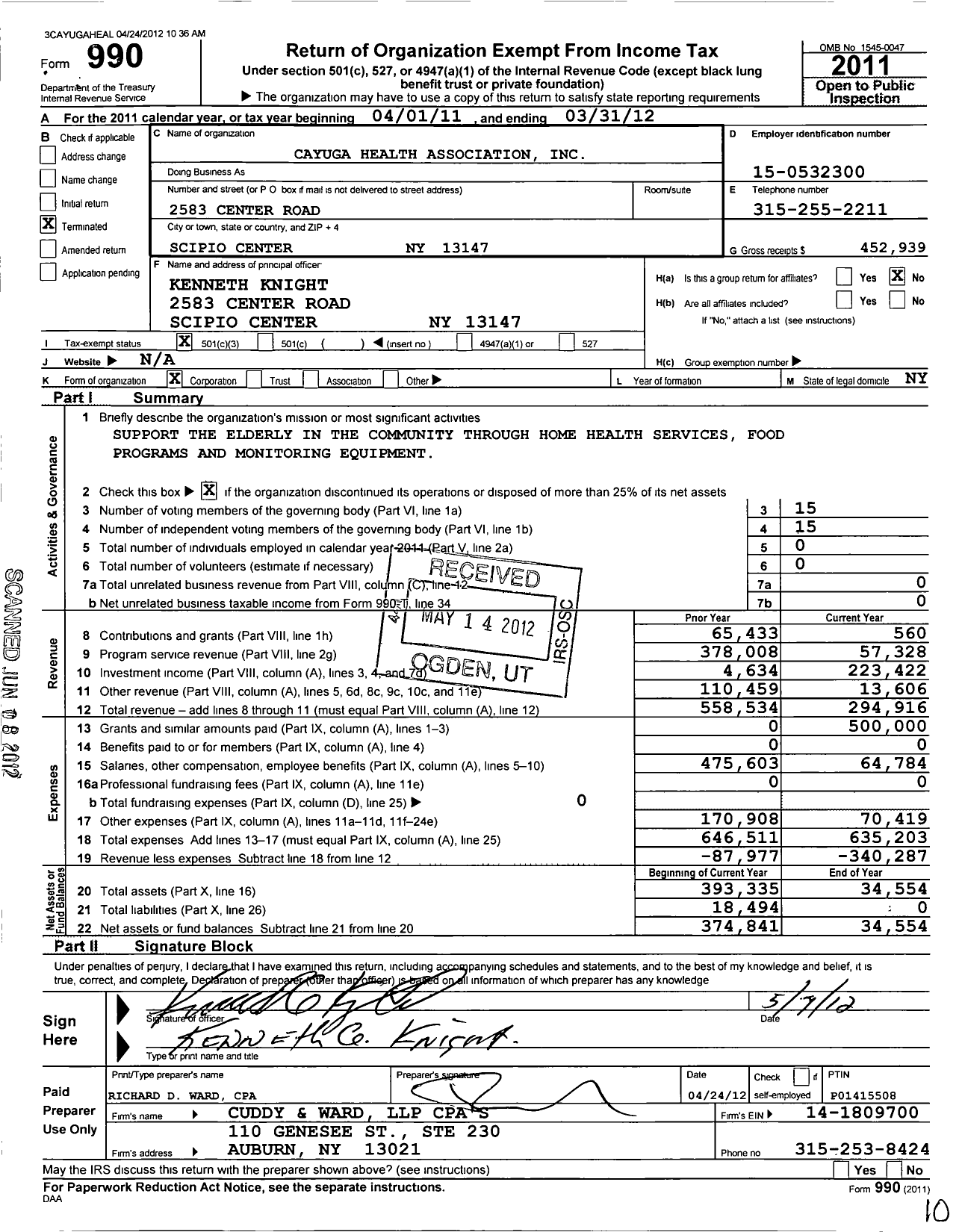 Image of first page of 2011 Form 990 for Cayuga Health Association