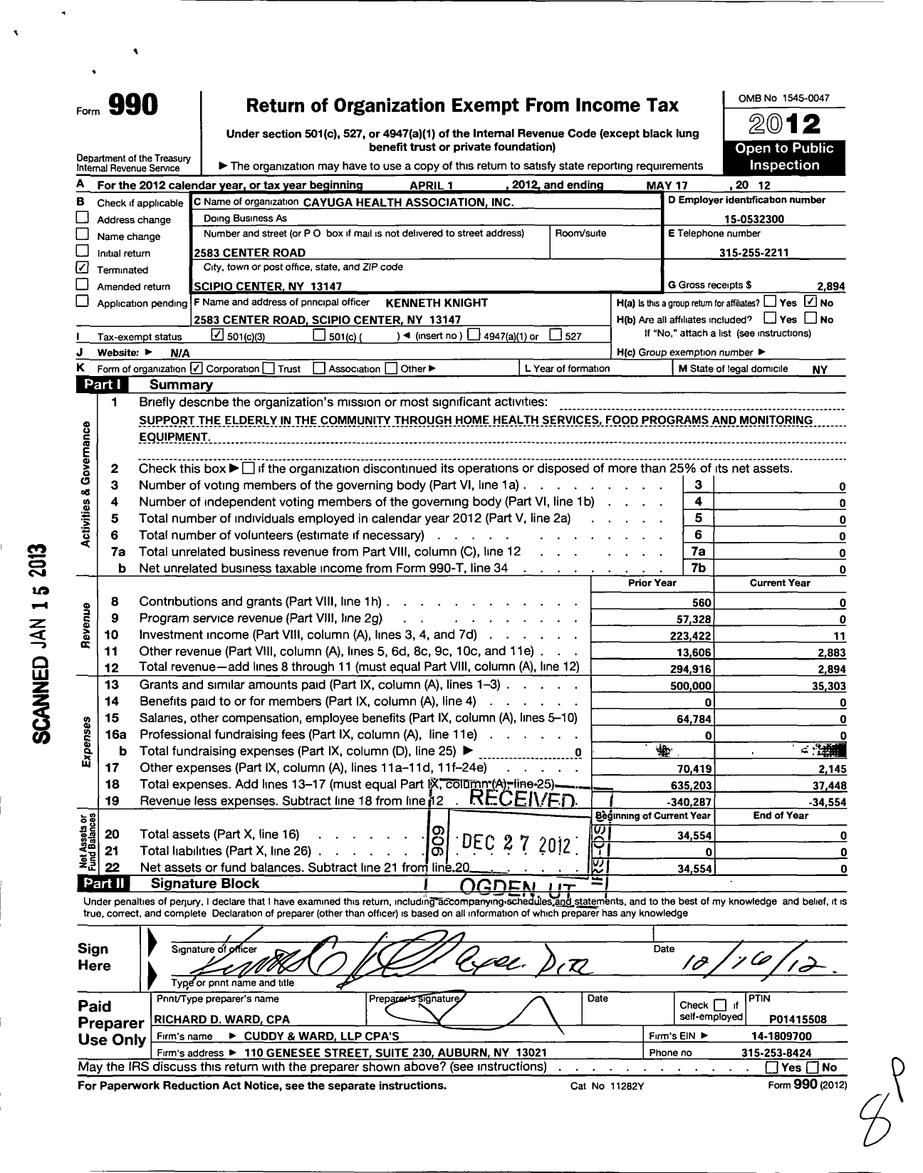 Image of first page of 2011 Form 990 for Cayuga Health Association