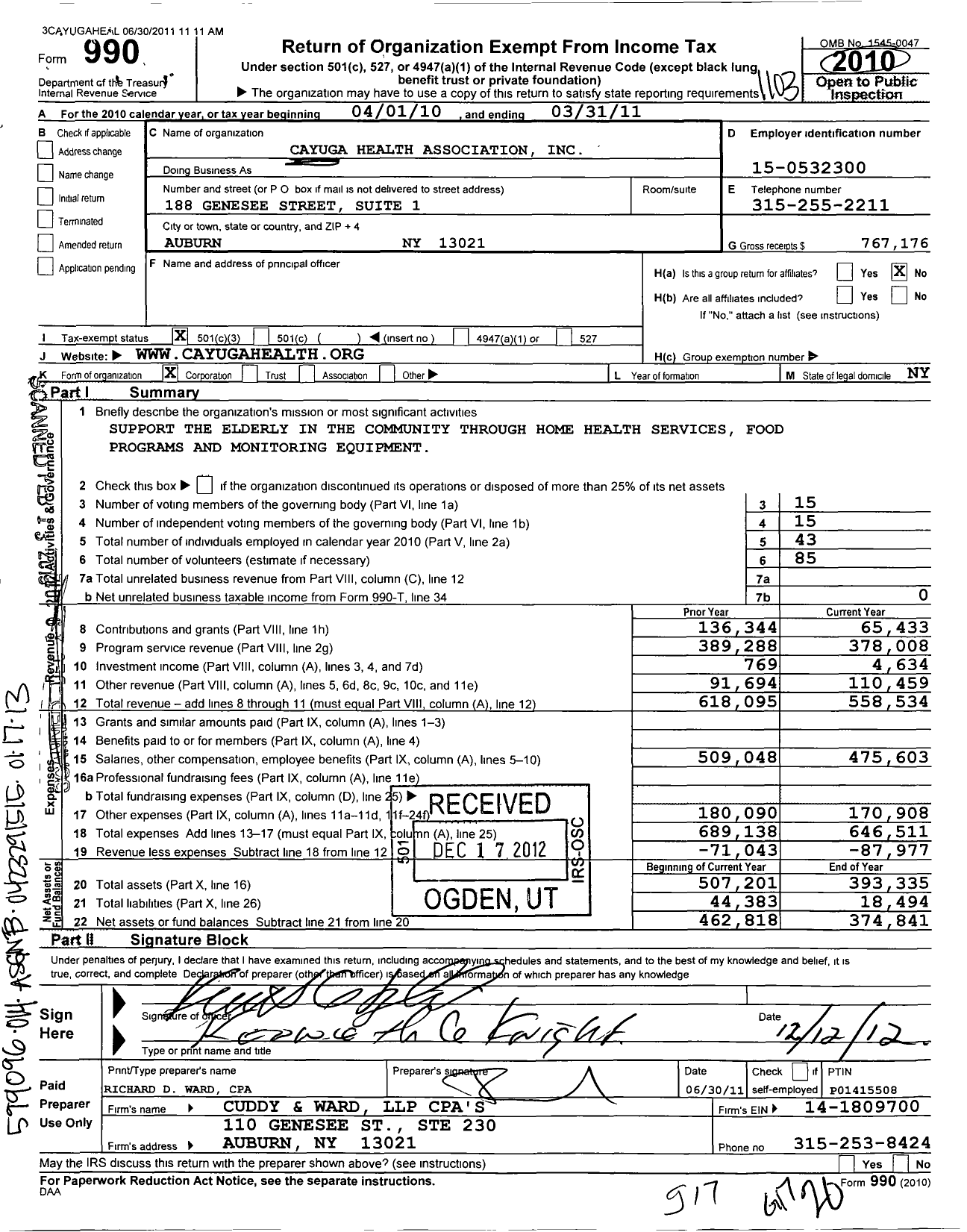 Image of first page of 2010 Form 990 for Cayuga Health Association