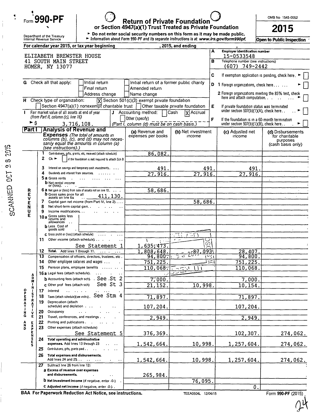 Image of first page of 2015 Form 990PF for Elizabeth Brewster House