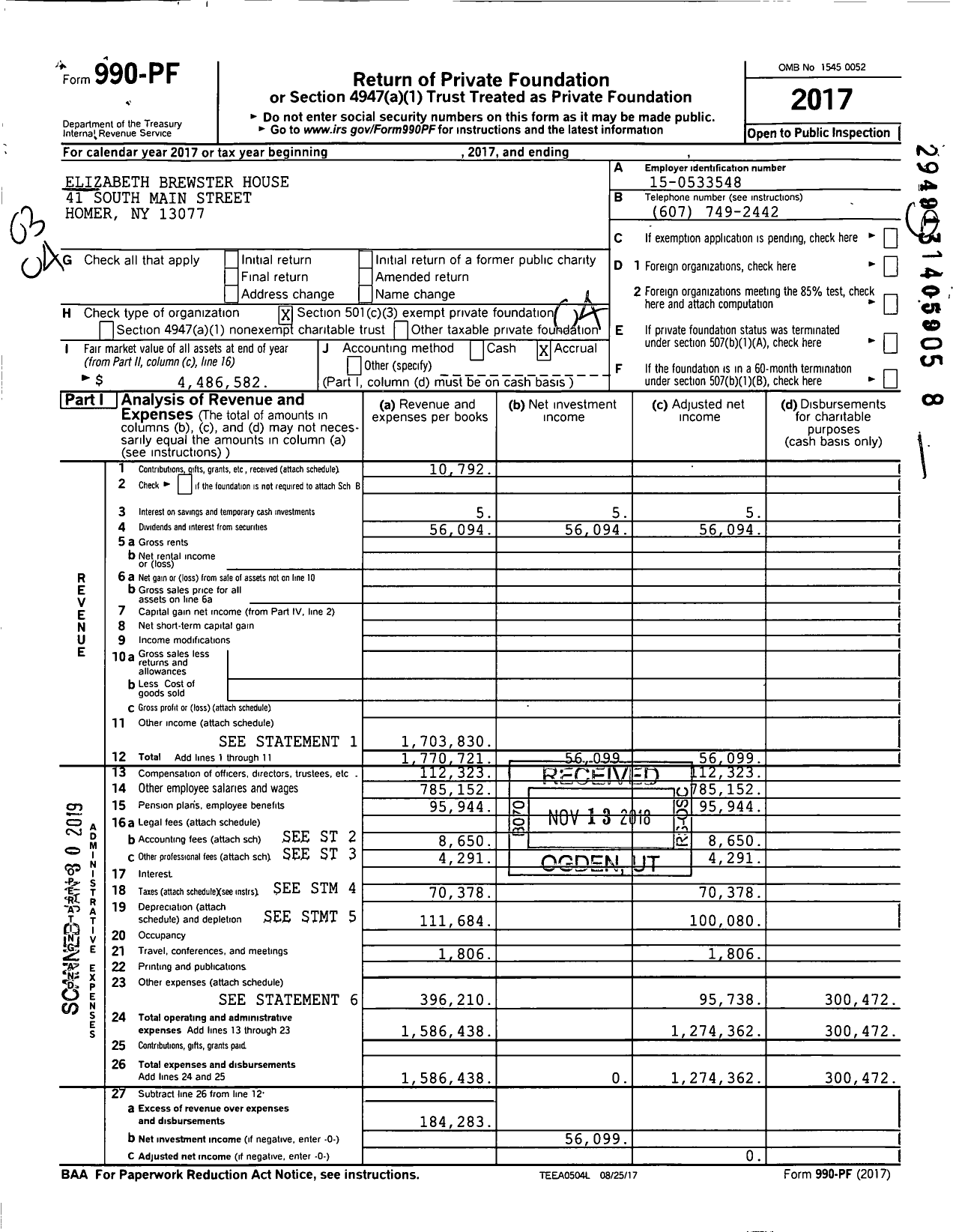 Image of first page of 2017 Form 990PF for Elizabeth Brewster House