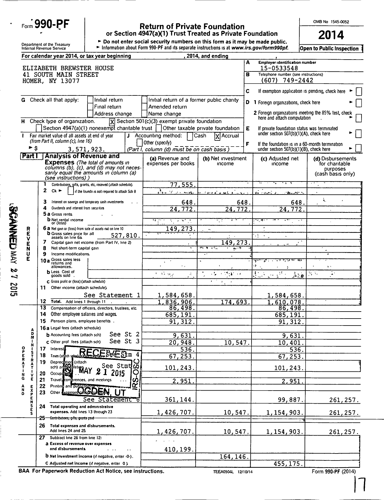 Image of first page of 2014 Form 990PF for Elizabeth Brewster House