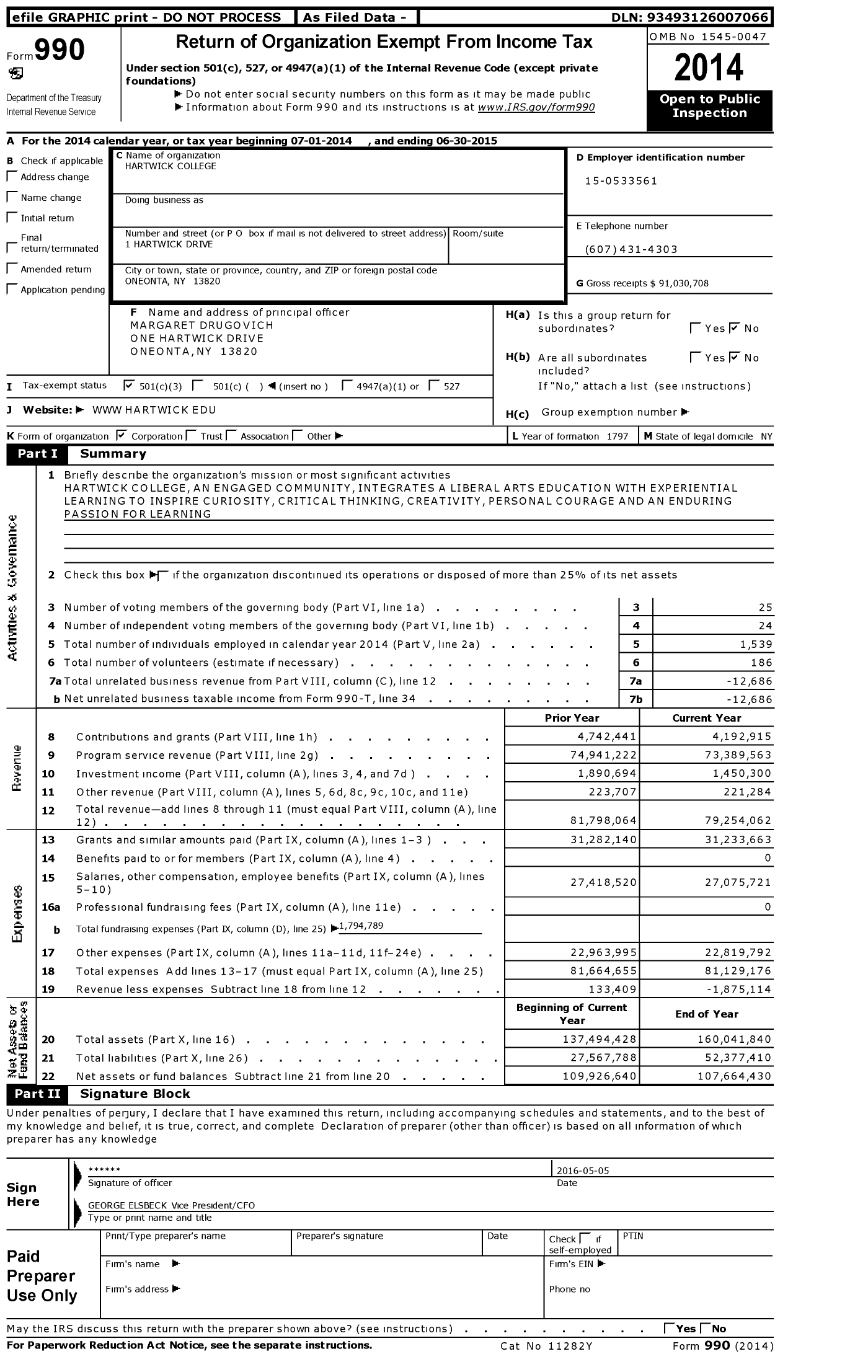 Image of first page of 2014 Form 990 for Hartwick College