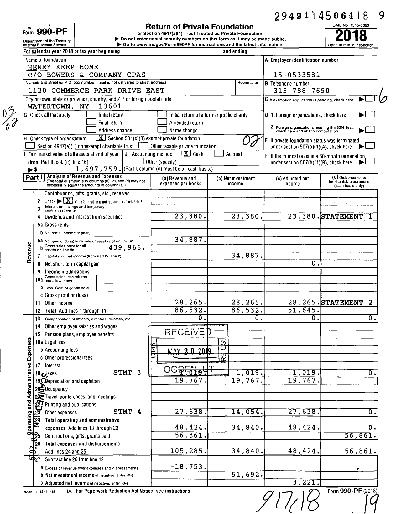 Image of first page of 2018 Form 990PF for Henry Keep Home