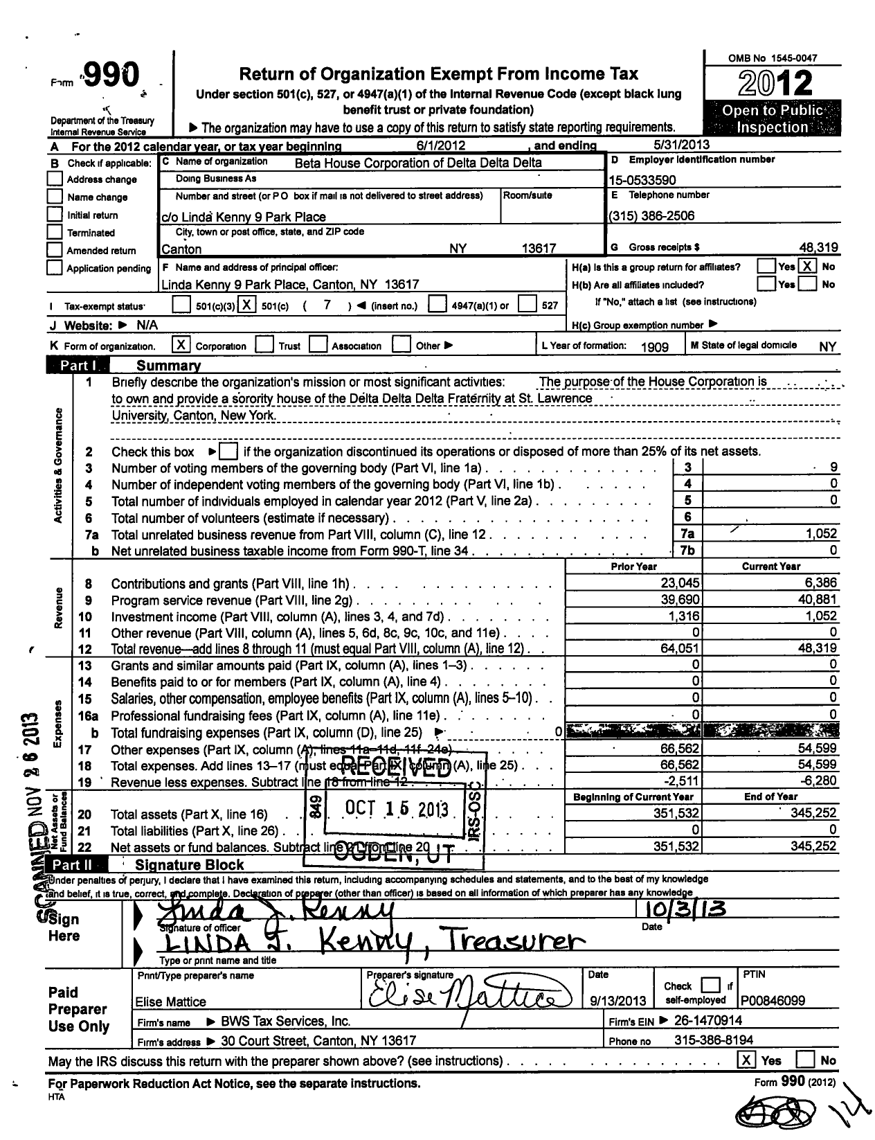 Image of first page of 2012 Form 990O for Beta House Corporation of Delta Delta Delta