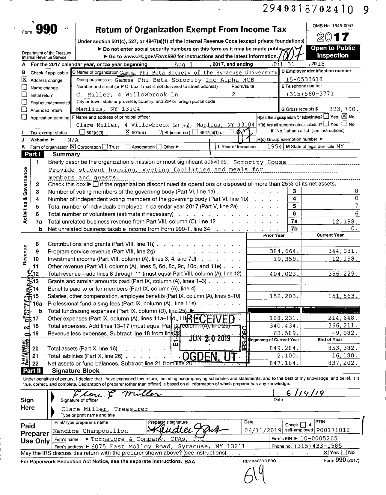 Image of first page of 2017 Form 990O for Gamma Phi Beta Sorority - Gamma Phi Beta Society of the Syracuse University