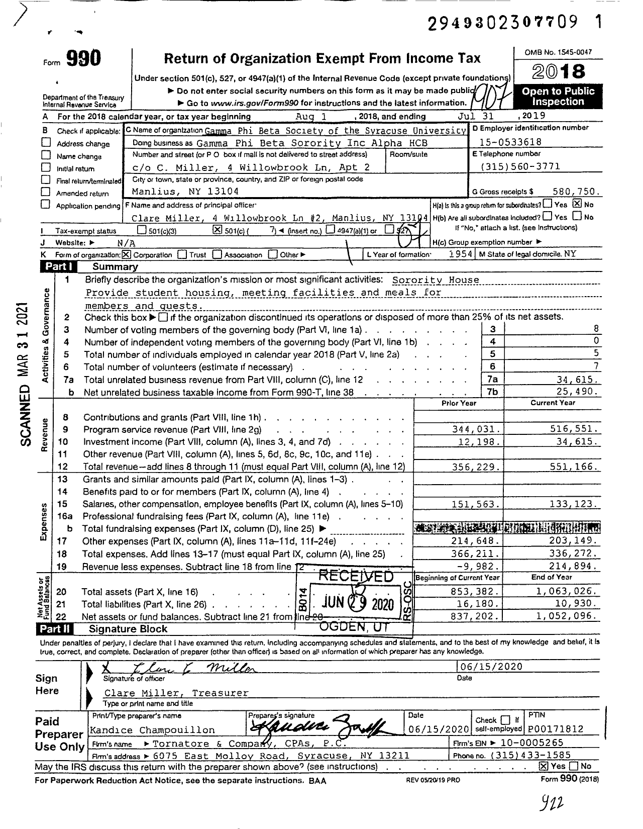 Image of first page of 2018 Form 990O for Gamma Phi Beta Sorority - Gamma Phi Beta Society of the Syracuse University