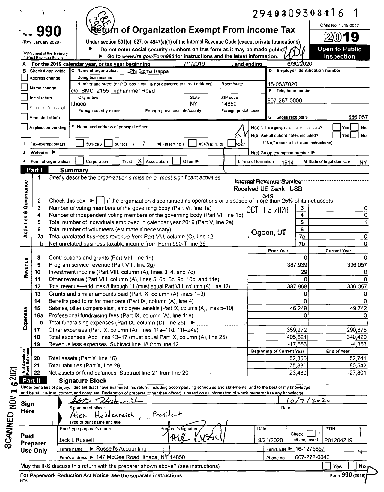 Image of first page of 2019 Form 990O for Phi Sigma Kappa - 103 Gamma Chapter