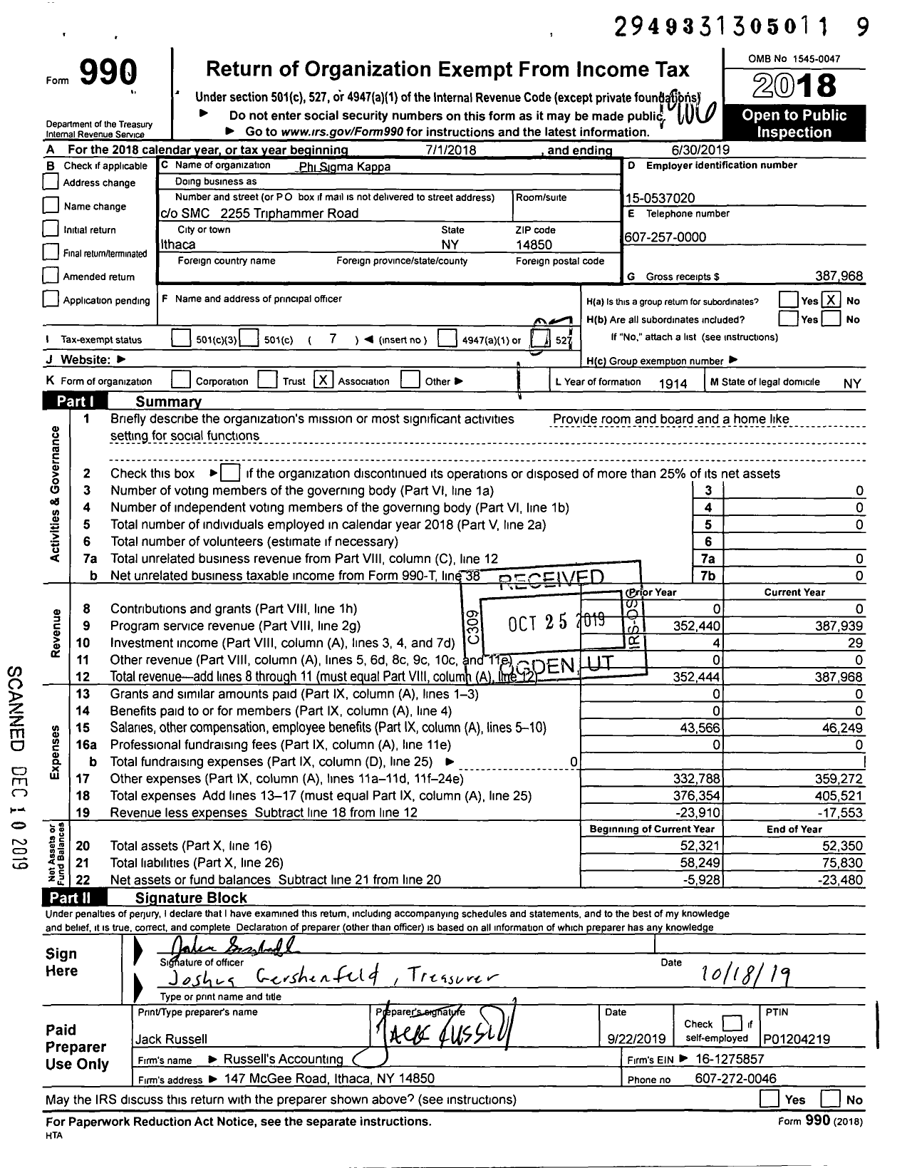 Image of first page of 2018 Form 990O for Phi Sigma Kappa - 103 Gamma Chapter