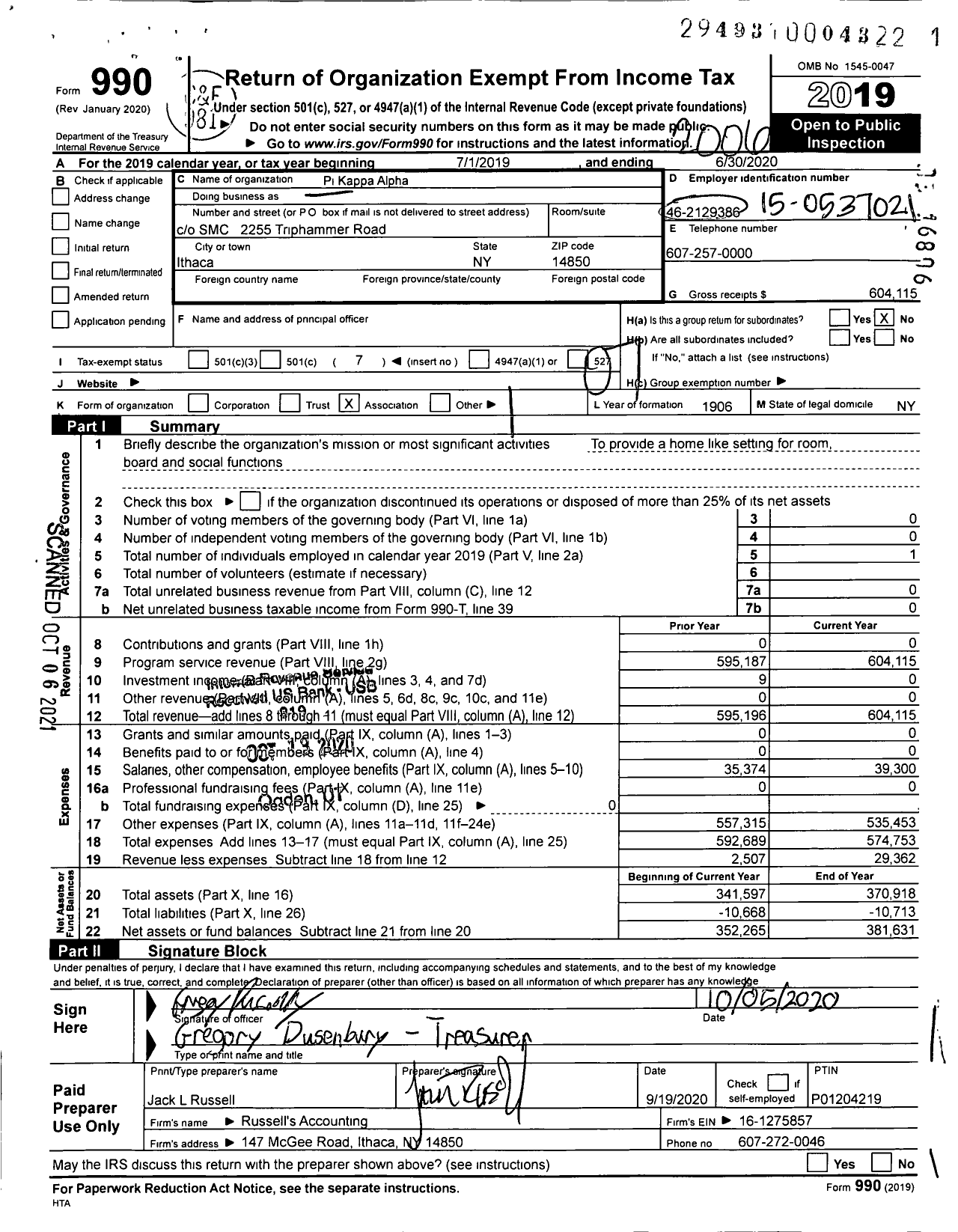 Image of first page of 2019 Form 990O for Pi Kappa Alpha Fraternity - Beta Theta Chapter