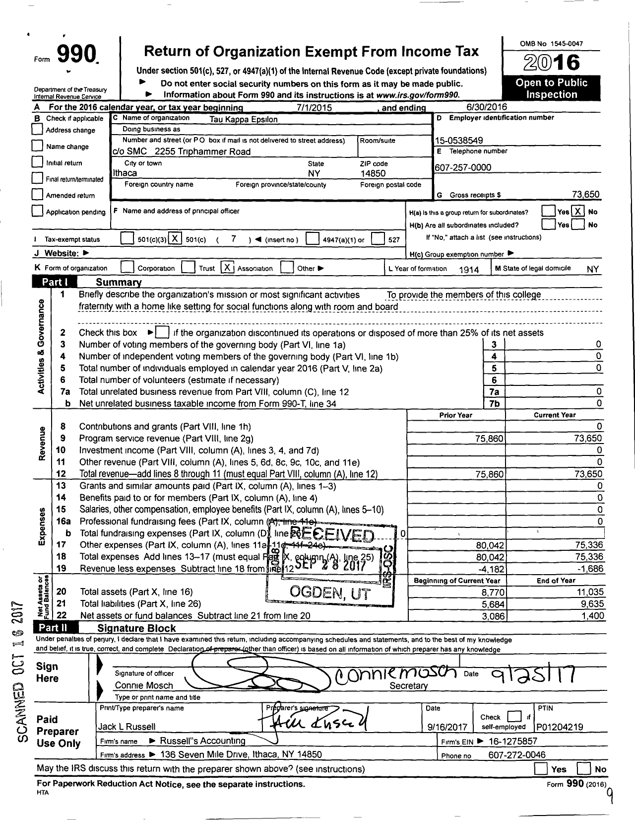 Image of first page of 2015 Form 990O for Tau Kappa Epsilon Fraternity - 118 Scorpion Chapter