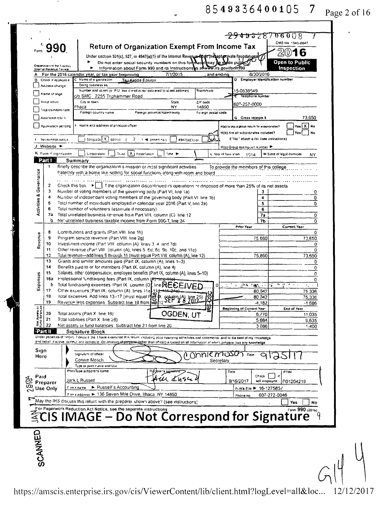 Image of first page of 2016 Form 990O for Tau Kappa Epsilon Fraternity - 118 Scorpion Chapter