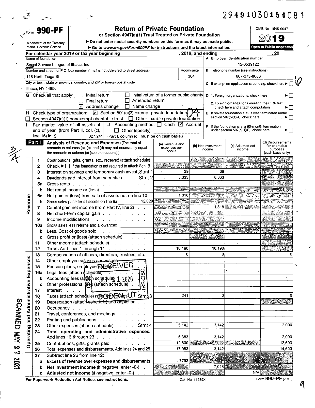 Image of first page of 2019 Form 990PF for Social Service League of Ithaca