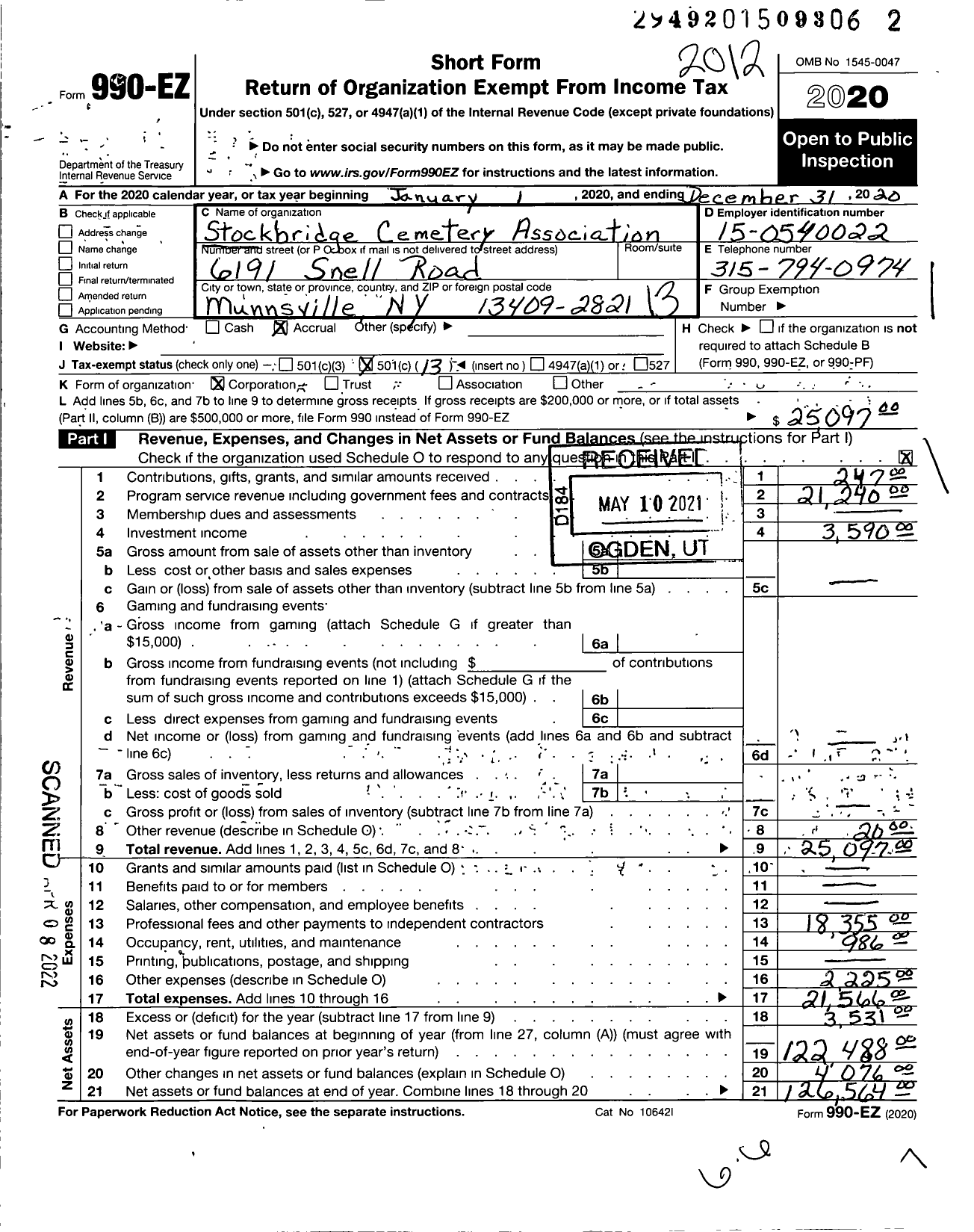 Image of first page of 2020 Form 990EO for Stockbridge Cemetery Association