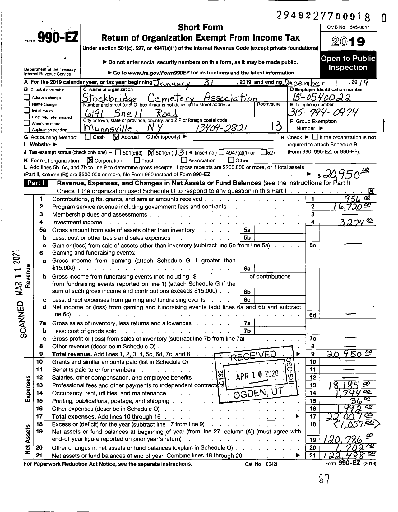 Image of first page of 2019 Form 990EO for Stockbridge Cemetery Association