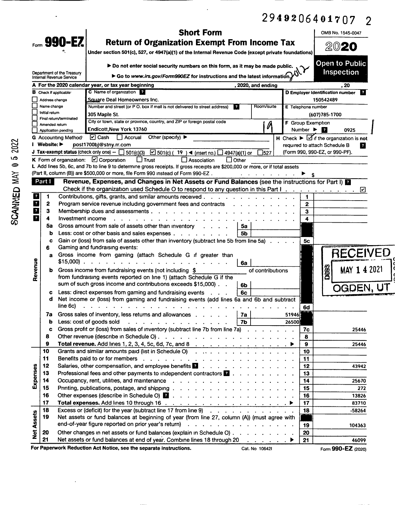 Image of first page of 2020 Form 990EO for Square Deal Homeowners Owners