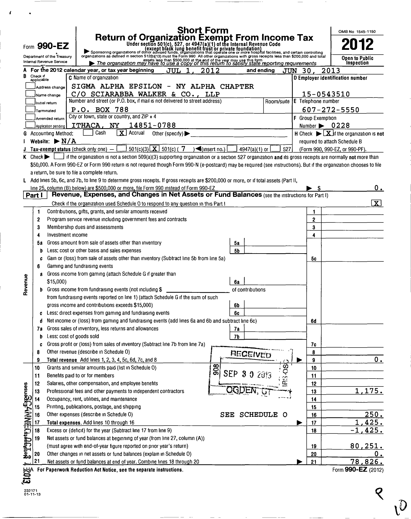Image of first page of 2012 Form 990EO for Sigma Alpha Epsilon Fraternity - New York Alpha Chapter