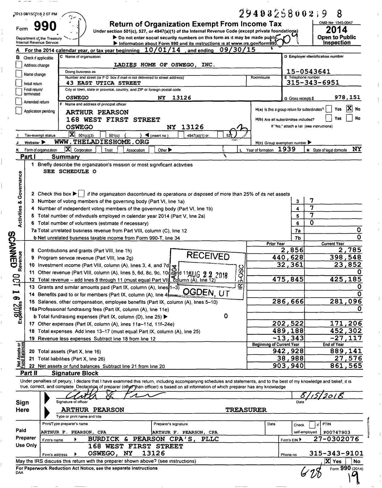 Image of first page of 2014 Form 990 for Ladies Home of Oswego