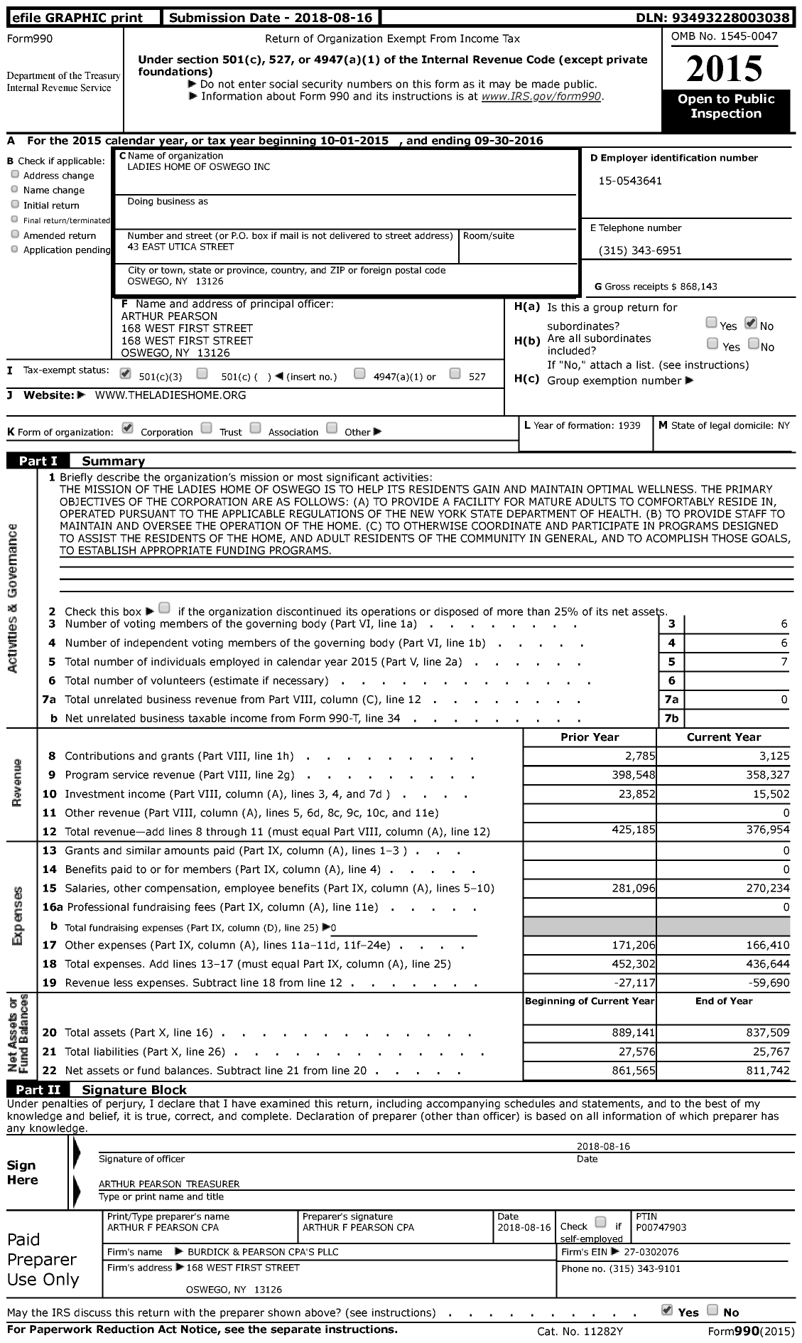 Image of first page of 2015 Form 990 for Ladies Home of Oswego