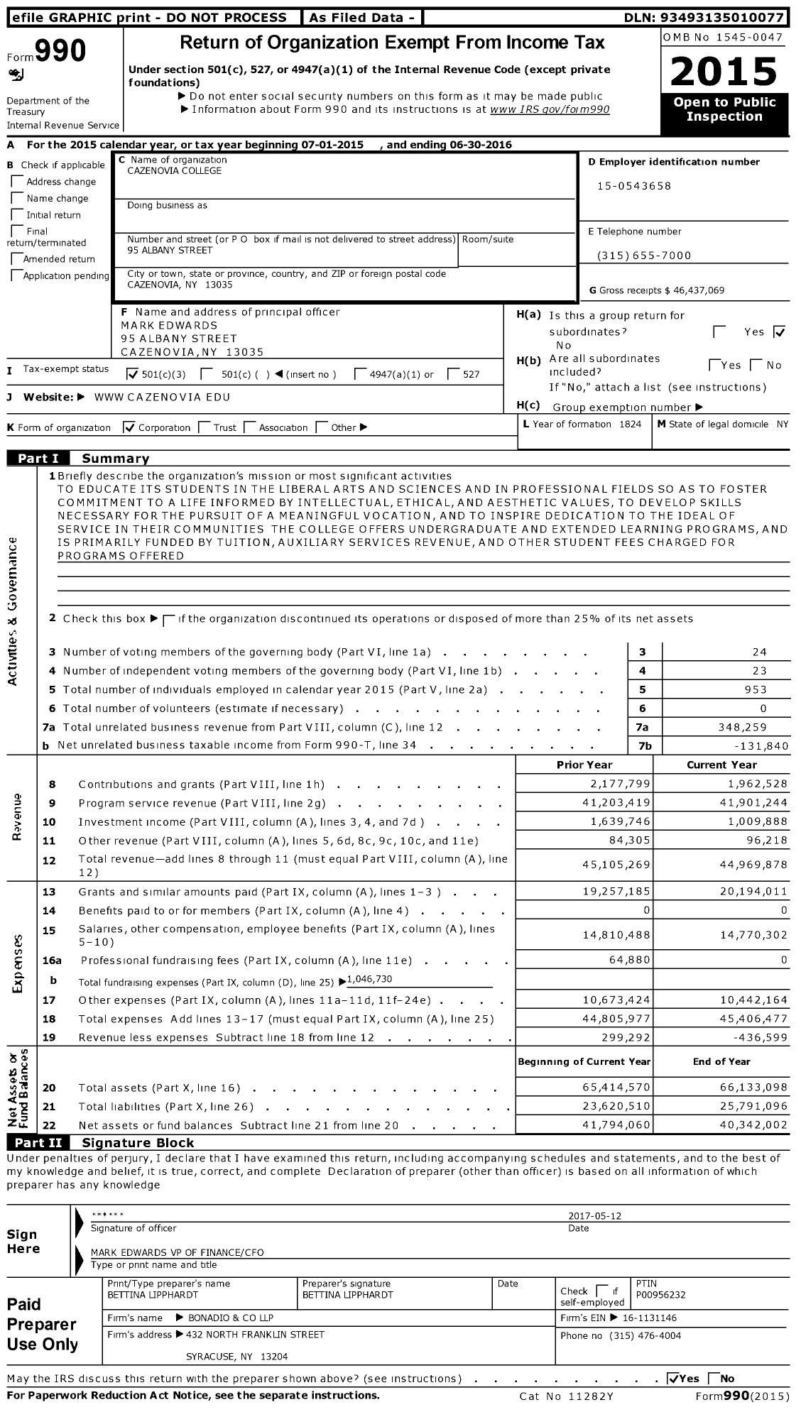 Image of first page of 2015 Form 990 for Cazenovia College