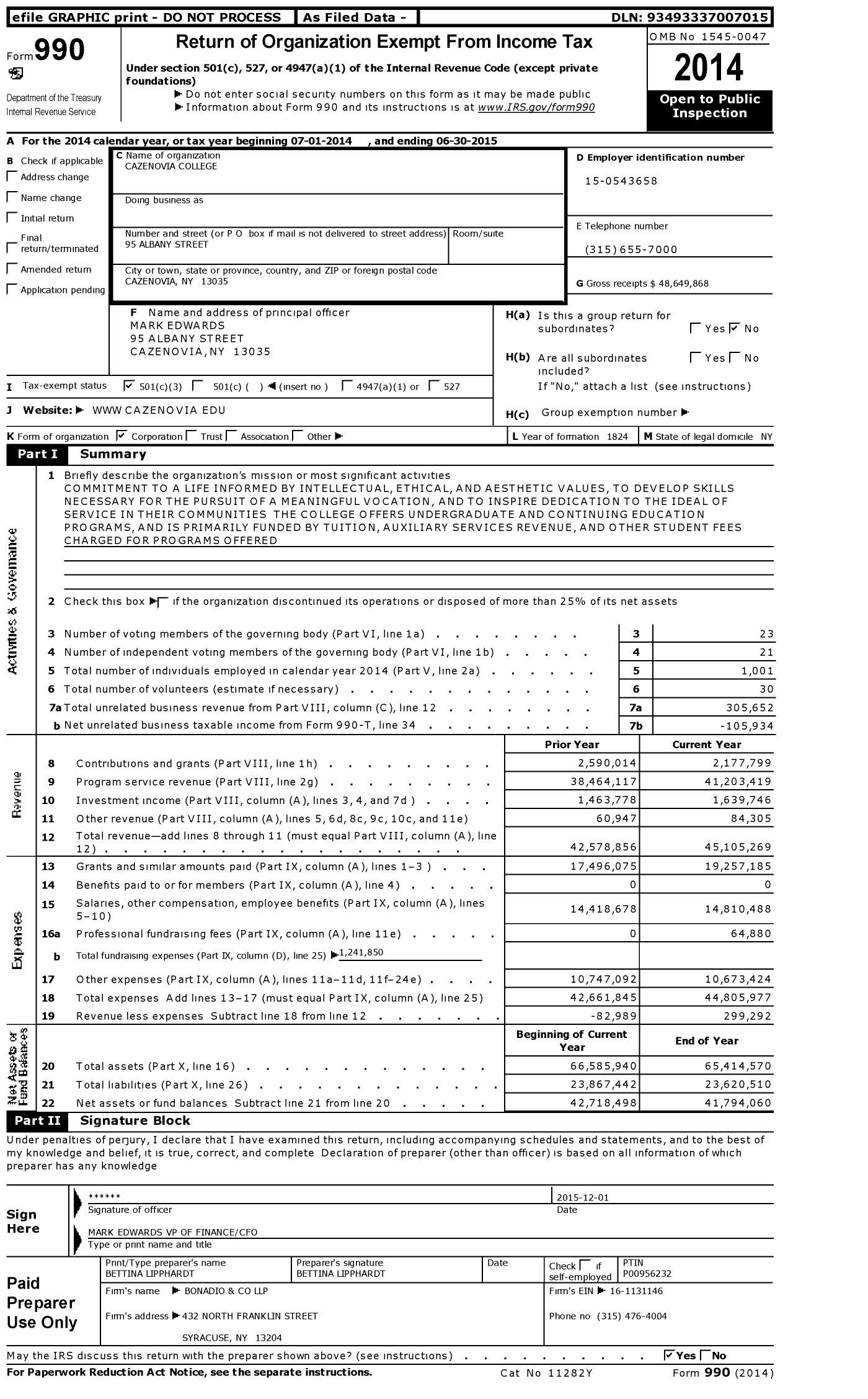 Image of first page of 2014 Form 990 for Cazenovia College