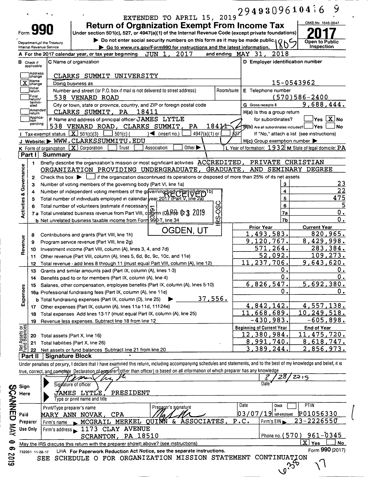 Image of first page of 2017 Form 990 for Clarks Summit University