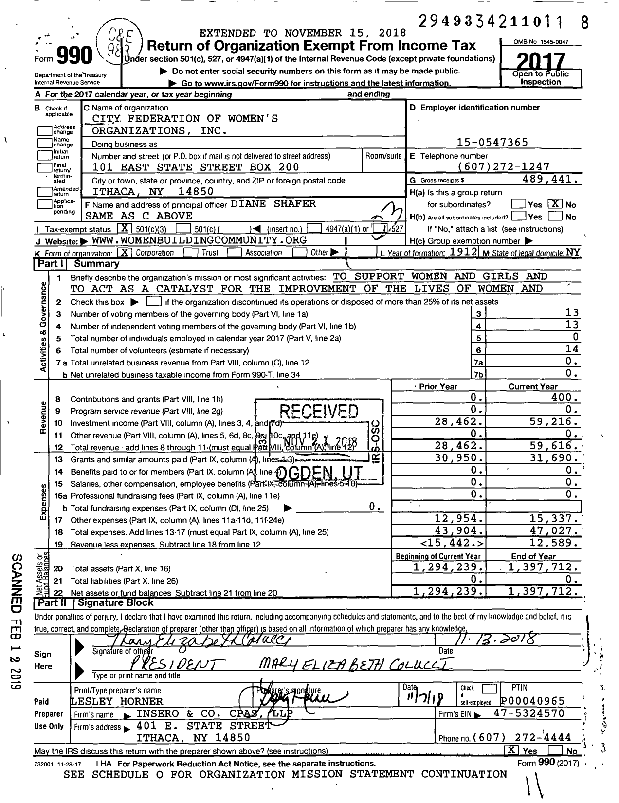 Image of first page of 2017 Form 990 for City Federation of Women's Organizations
