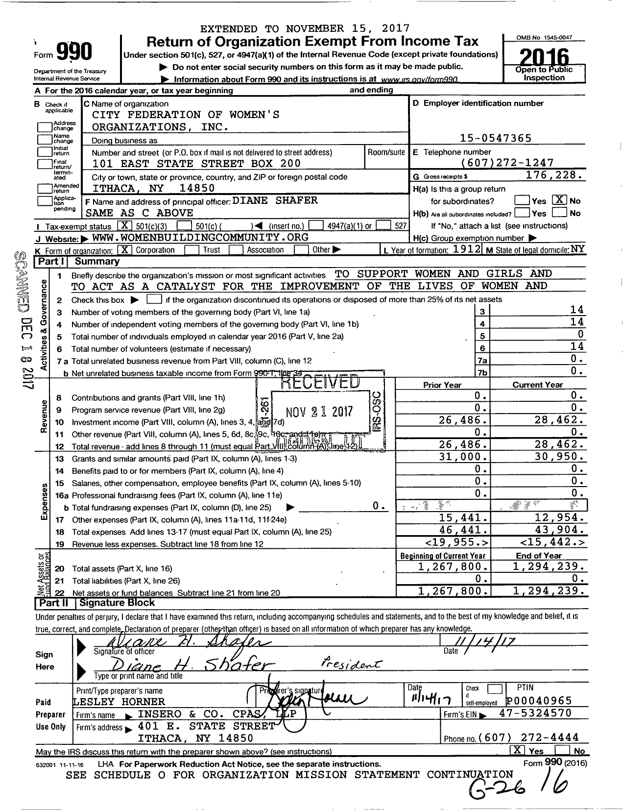 Image of first page of 2016 Form 990 for City Federation of Women's Organizations