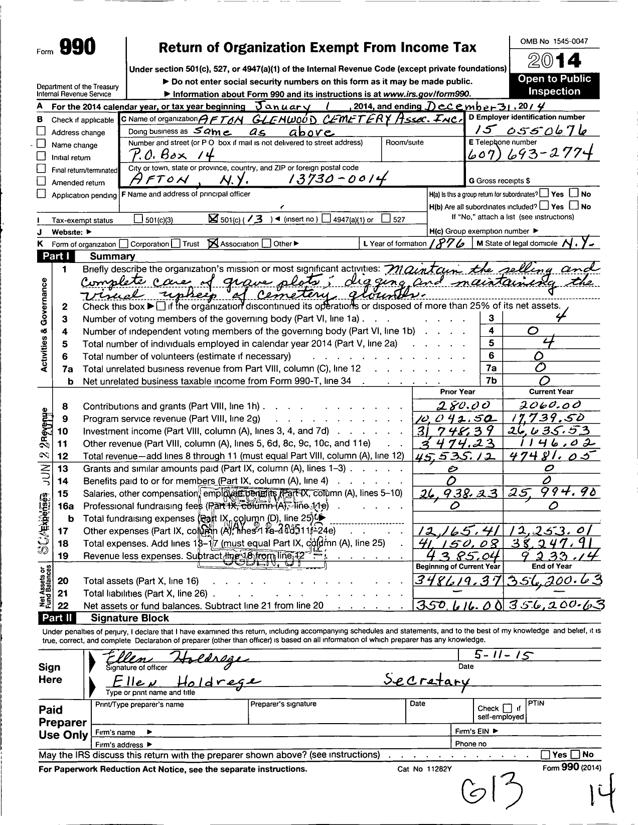 Image of first page of 2014 Form 990O for Afton Glenwood Cemetery Association