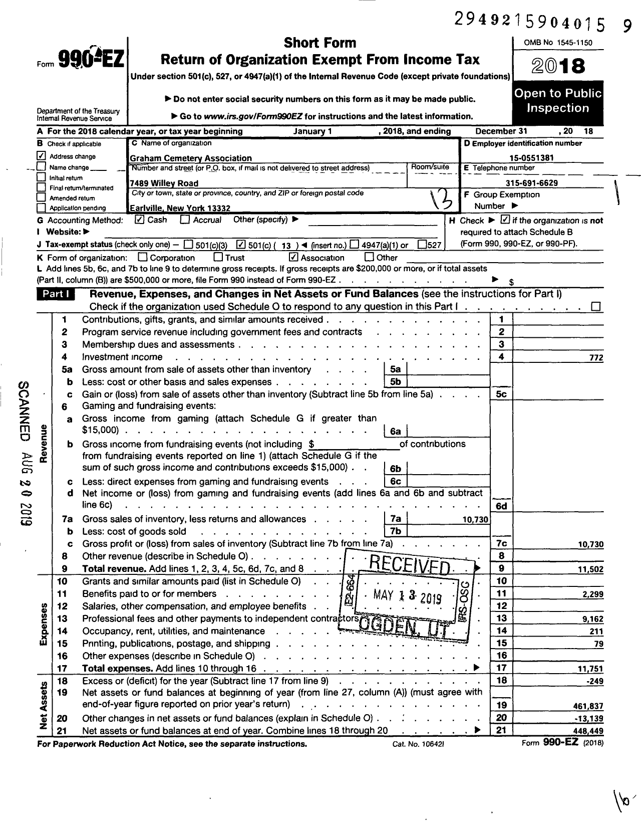 Image of first page of 2018 Form 990EO for Graham Cemetery Association