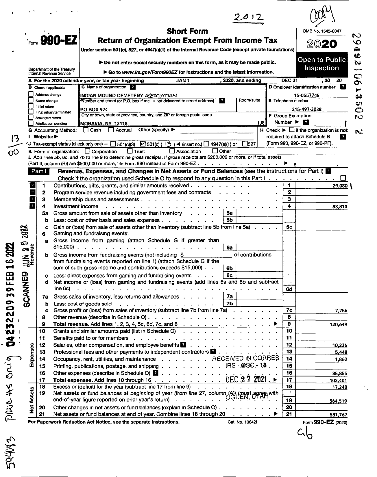 Image of first page of 2020 Form 990EO for Indian Mound Cemetery Association