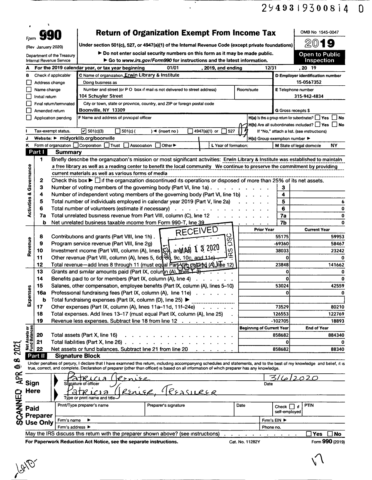 Image of first page of 2019 Form 990 for Erwin Library and Institute