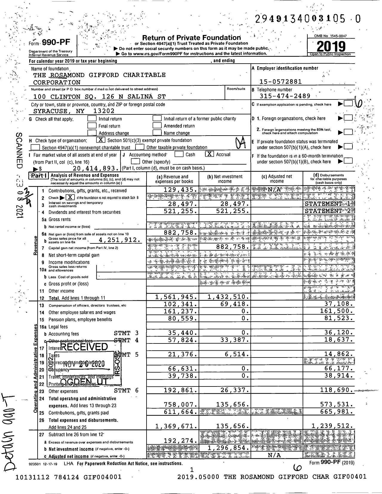 Image of first page of 2019 Form 990PF for The Gifford Foundation