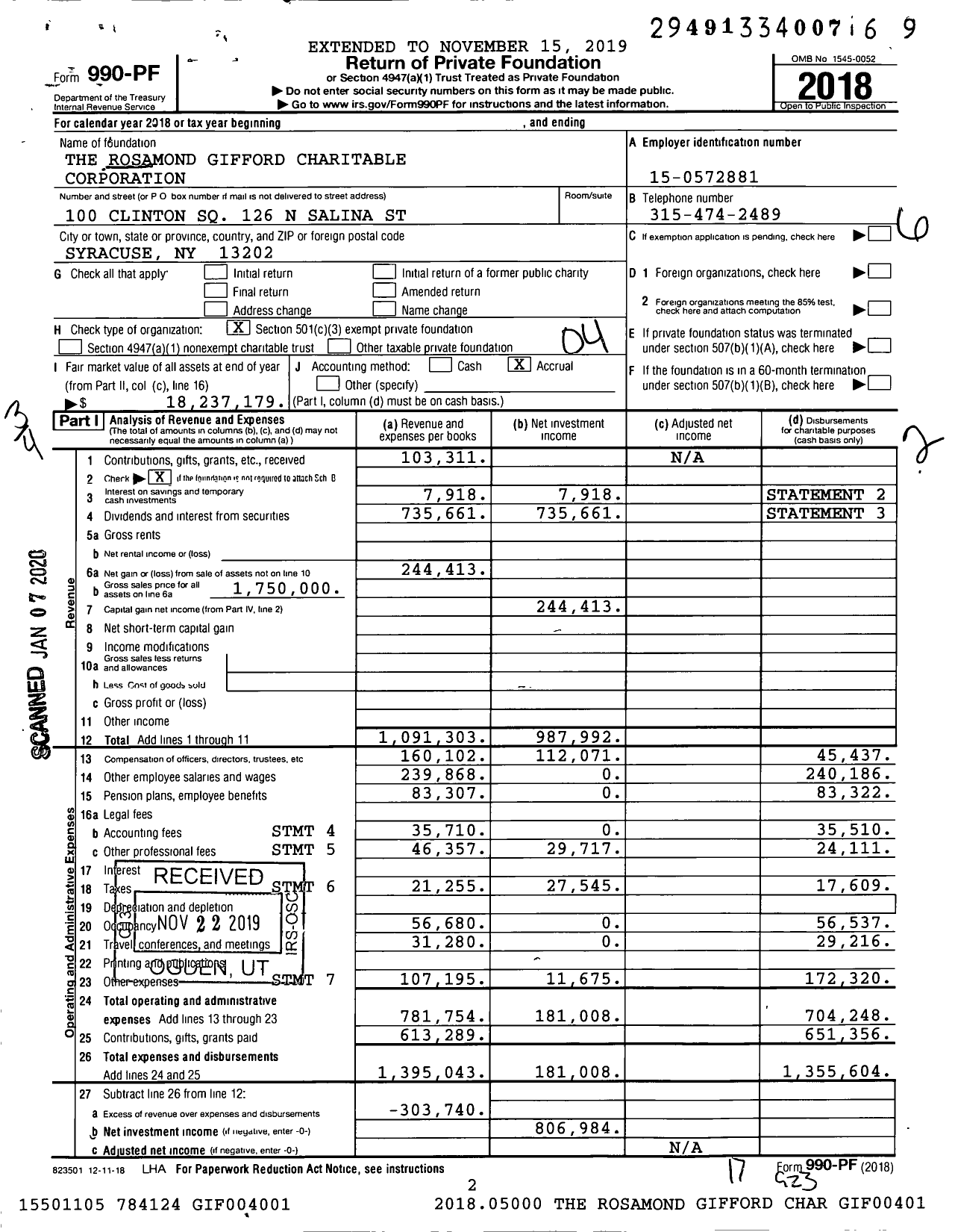 Image of first page of 2018 Form 990PF for The Gifford Foundation