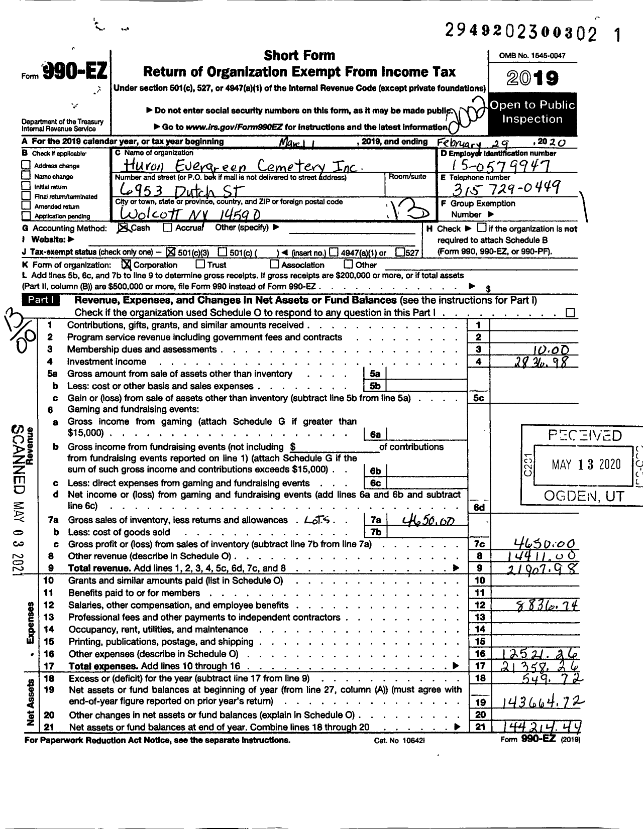 Image of first page of 2019 Form 990EO for Huron Evergreen Cemetery