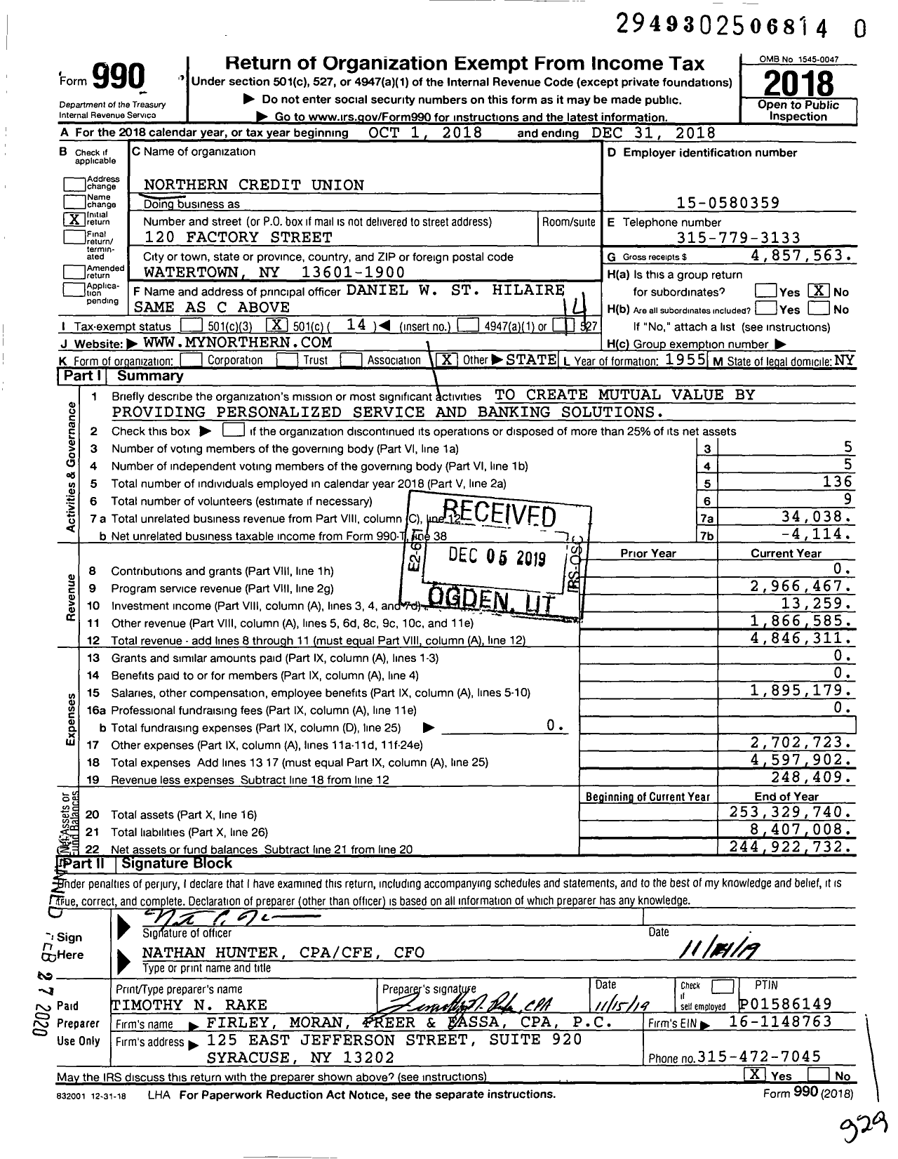 Image of first page of 2018 Form 990O for Northern Credit Union