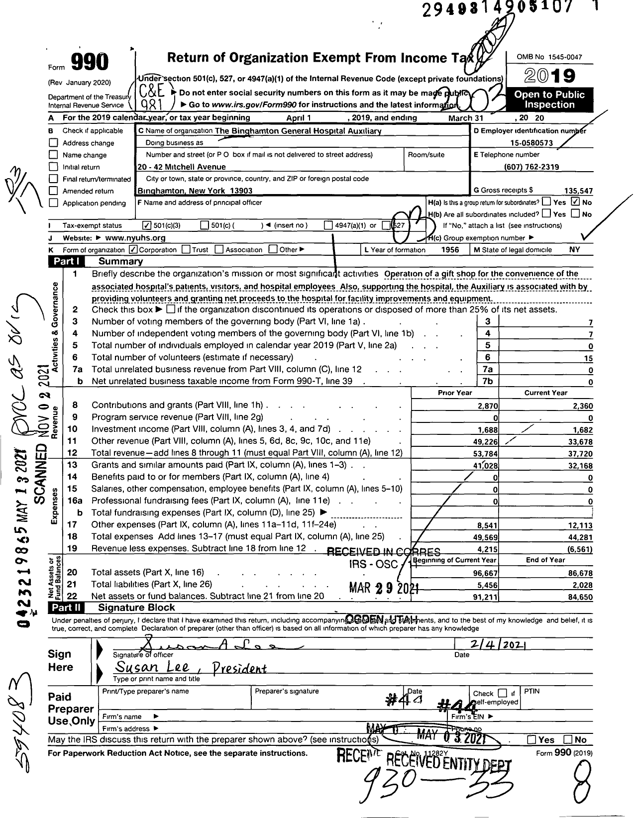 Image of first page of 2019 Form 990 for The Binghamton General Hospital Auxiliary