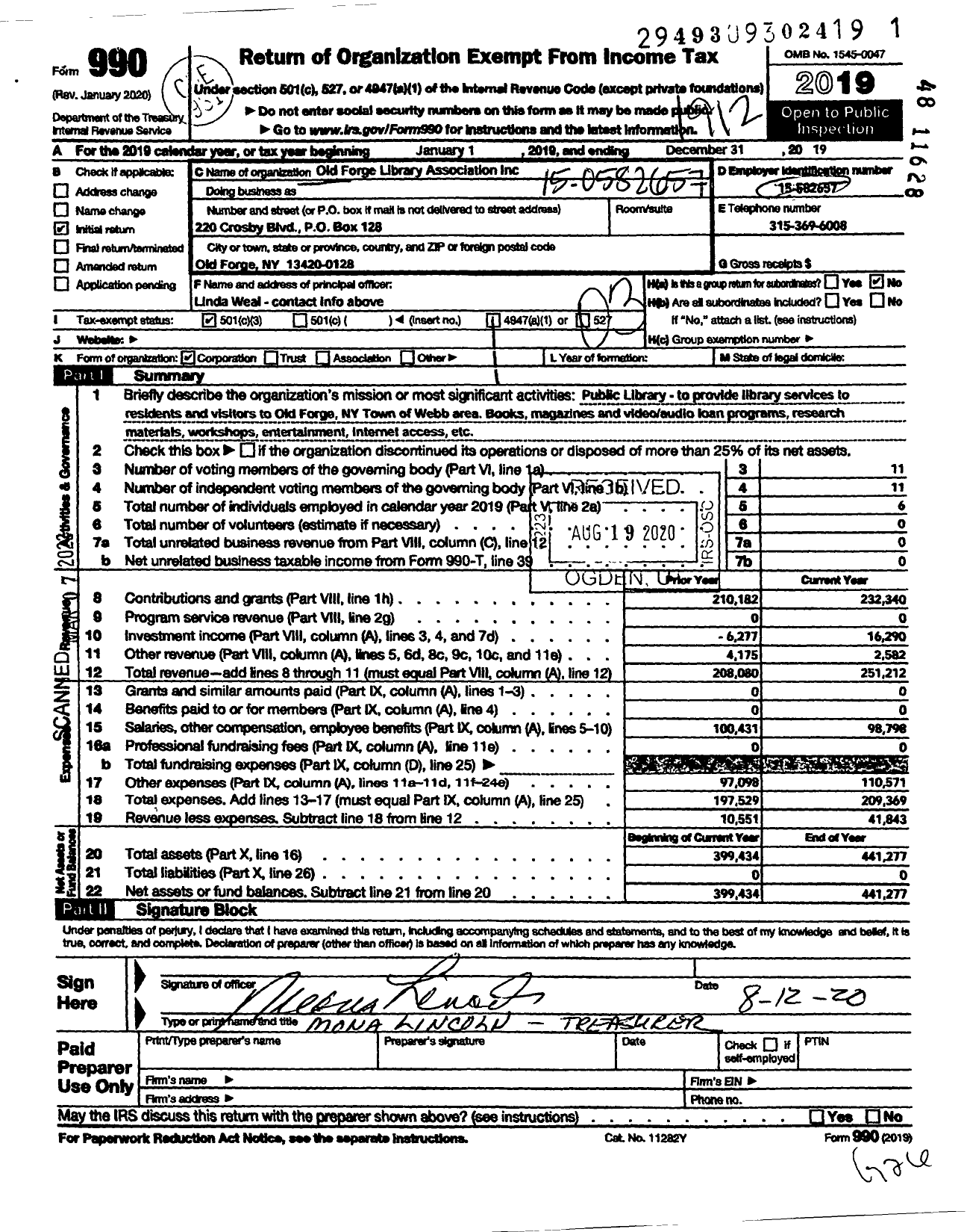 Image of first page of 2019 Form 990 for Old Forge Library Association