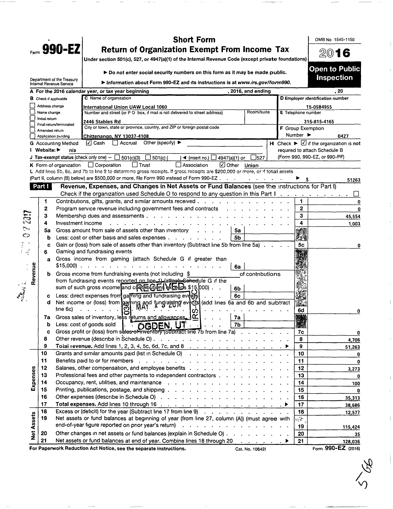 Image of first page of 2016 Form 990EO for Uaw - International Union Uaw Local 1060