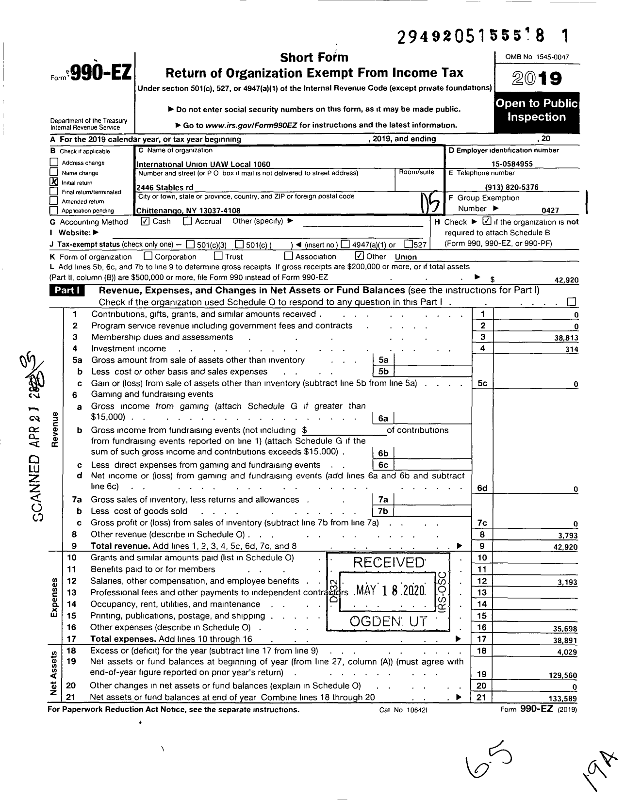 Image of first page of 2019 Form 990EO for Uaw - International Union Uaw Local 1060