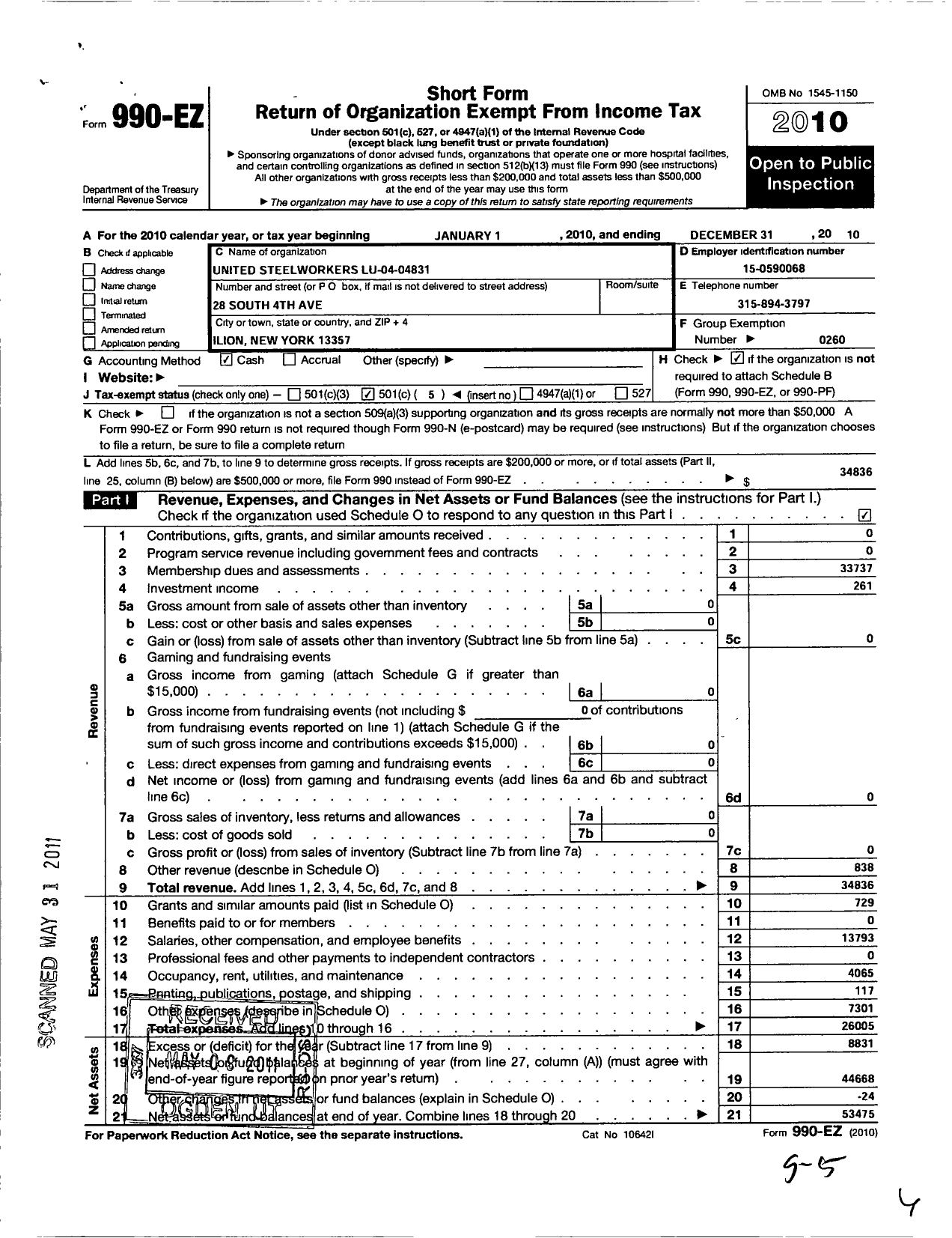 Image of first page of 2010 Form 990EO for United Steelworkers - 04831 Local