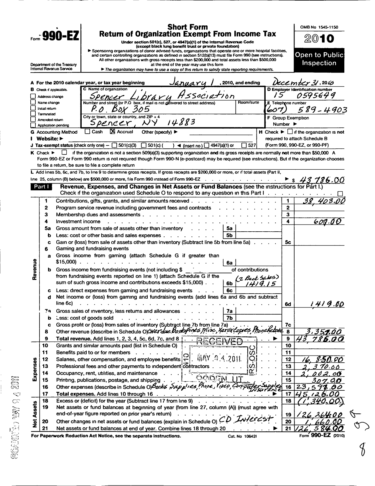 Image of first page of 2010 Form 990EO for Spencer Library Association