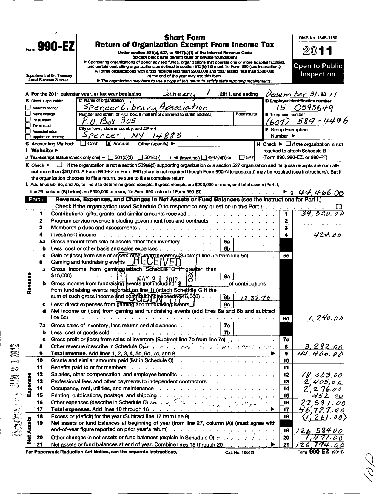 Image of first page of 2011 Form 990EO for Spencer Library Association