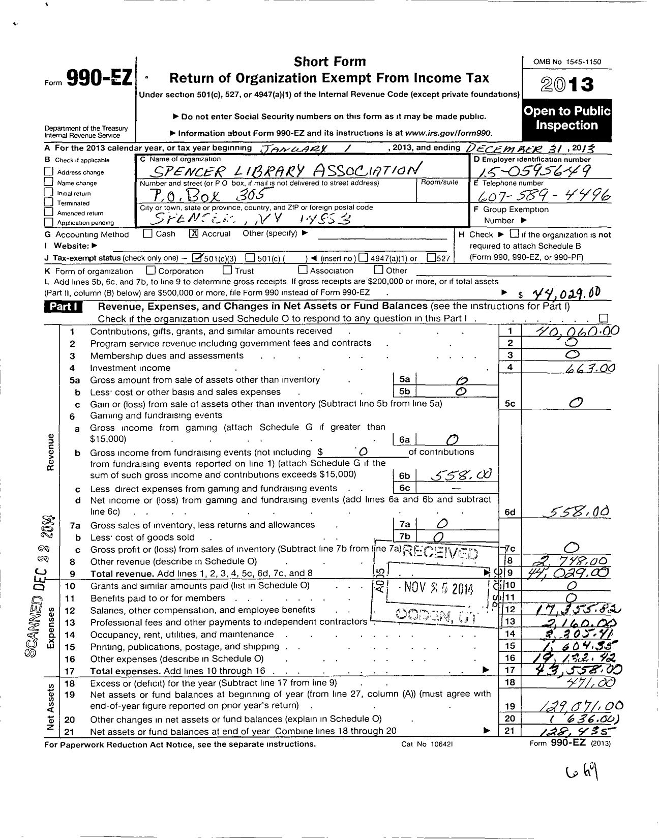 Image of first page of 2013 Form 990EZ for Spencer Library Association