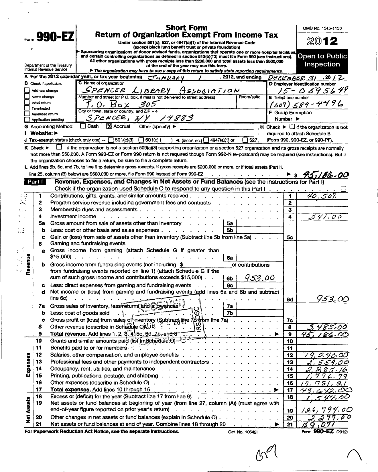 Image of first page of 2012 Form 990EO for Spencer Library Association