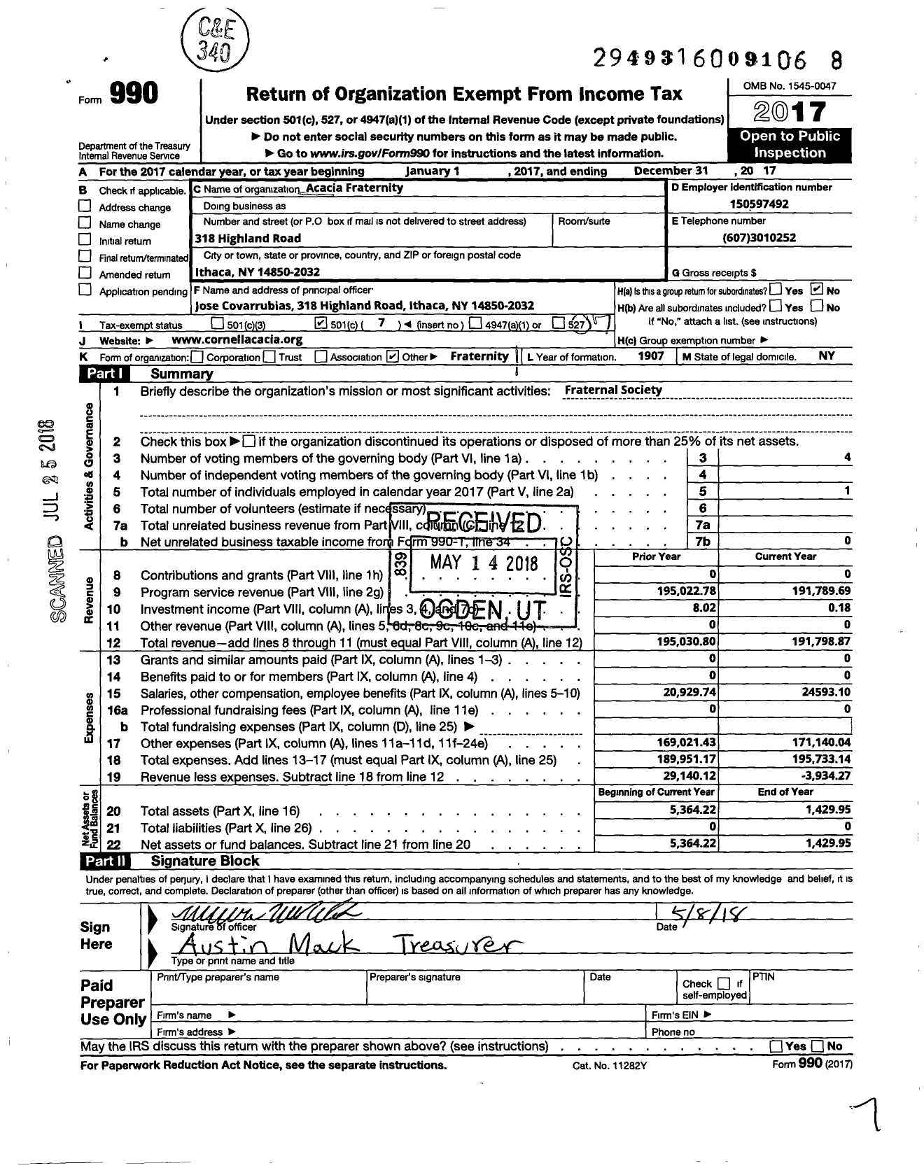 Image of first page of 2017 Form 990O for Acacia Fraternity Incorporated / Cornell Chapter