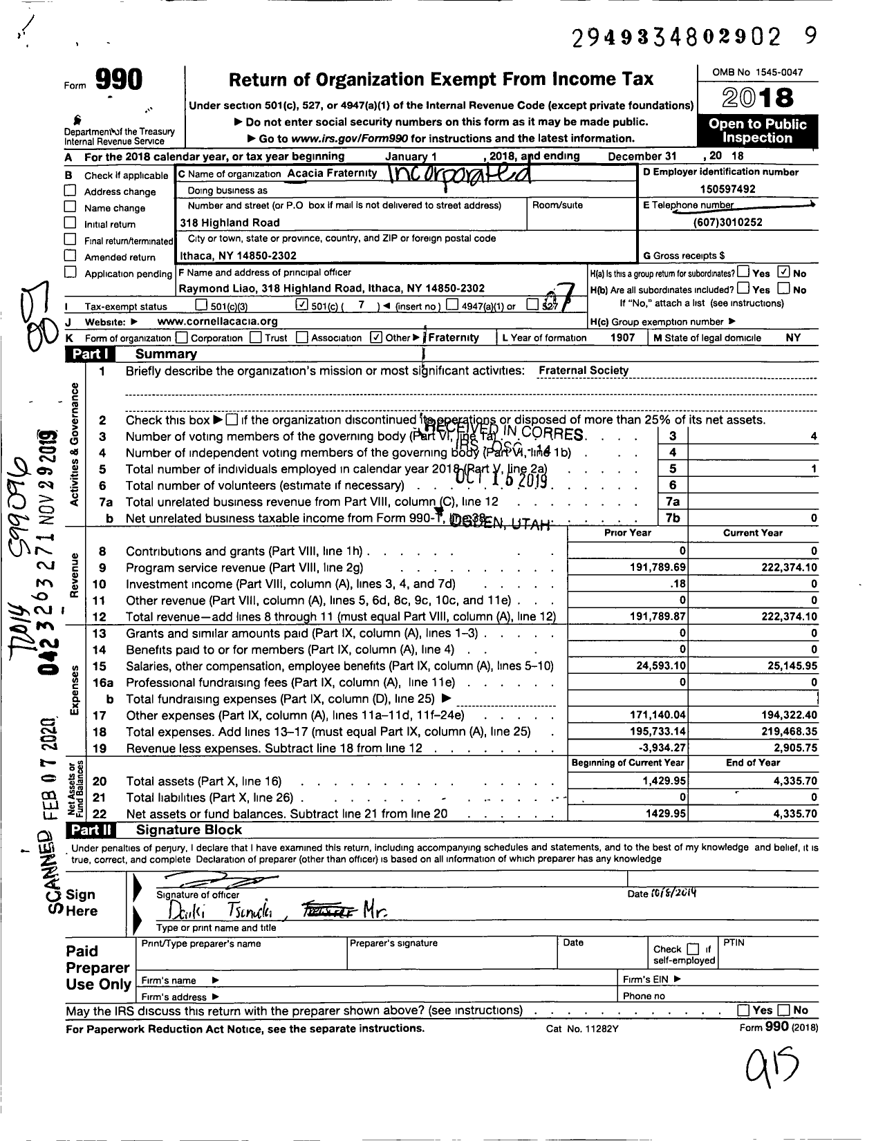 Image of first page of 2018 Form 990O for Acacia Fraternity Incorporated / Cornell Chapter