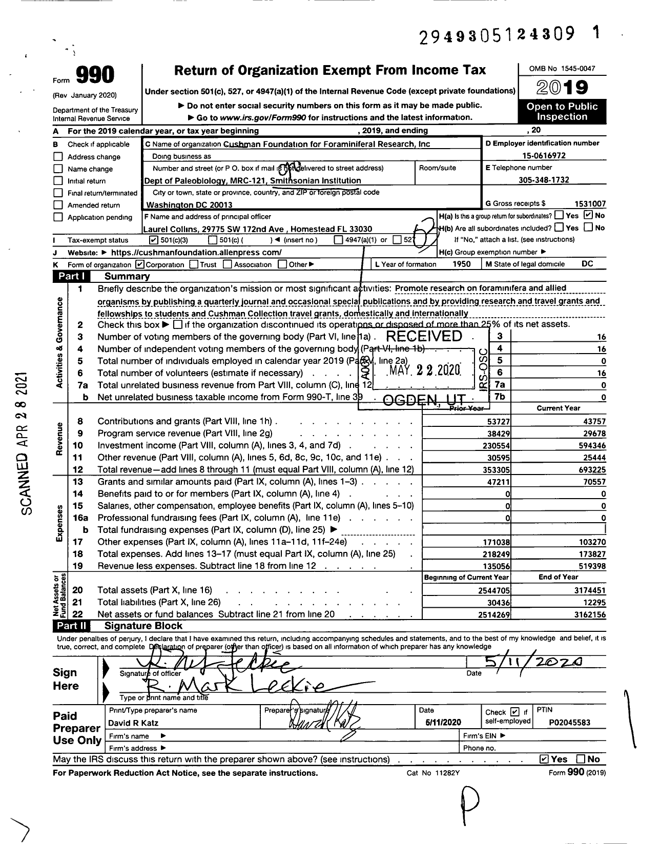 Image of first page of 2019 Form 990 for Cushman Foundation for Foraminiferal Research