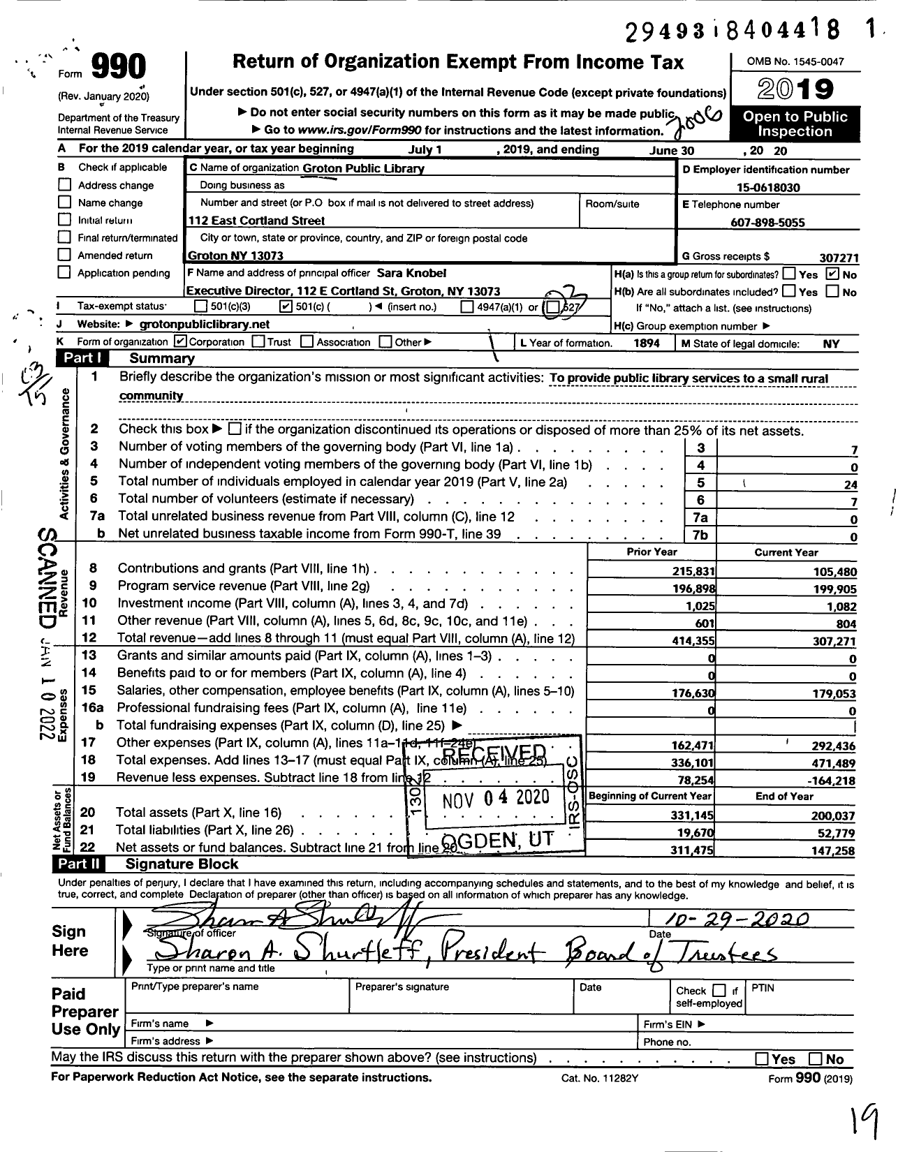 Image of first page of 2019 Form 990 for Groton Public Library